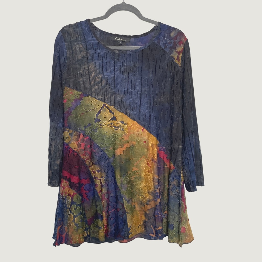 Caleoaa Tunic Top Multicolor Abstract Patchwork Art to Wear Boho Long Sleeve L